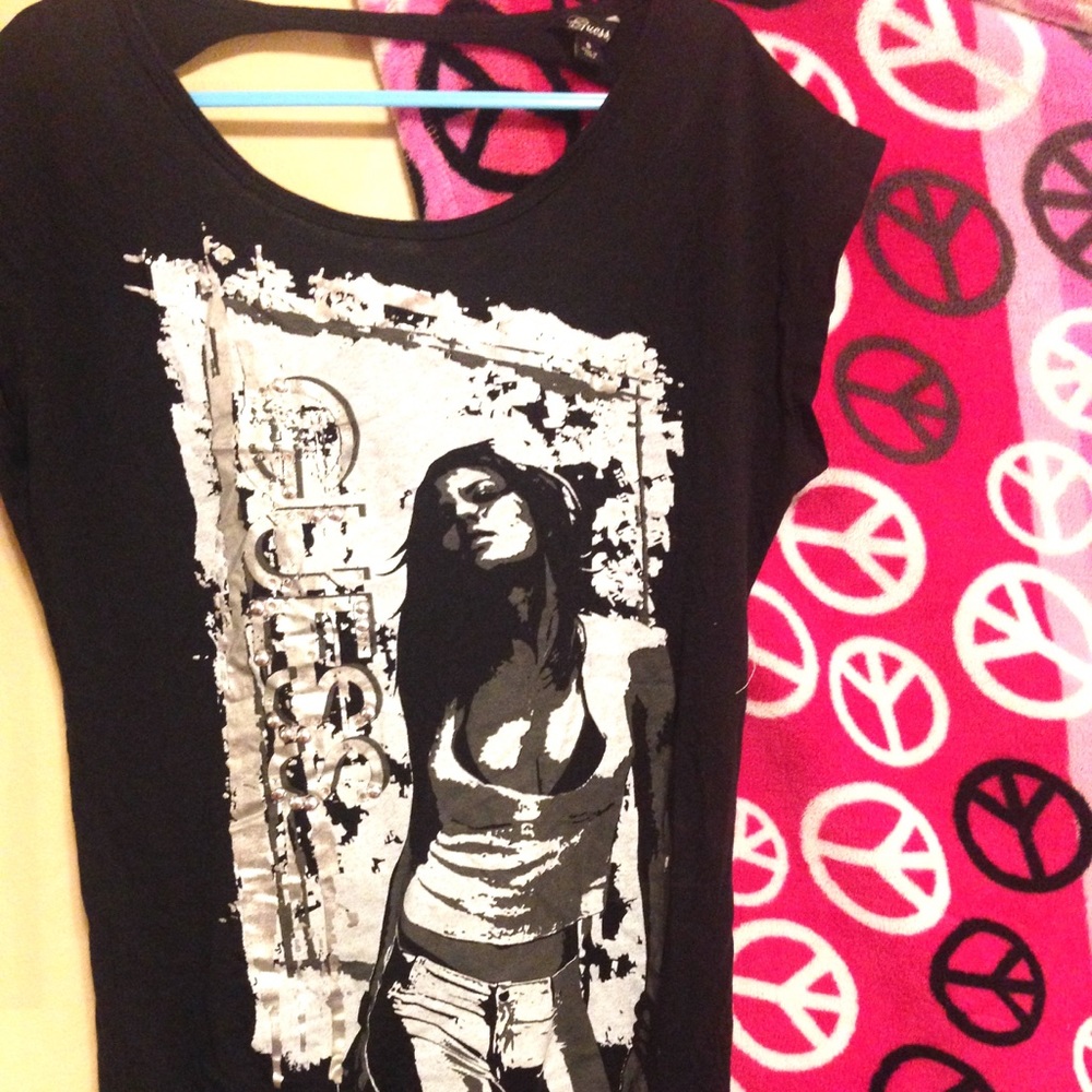 Long Black Guess Shirt with a Woman on it